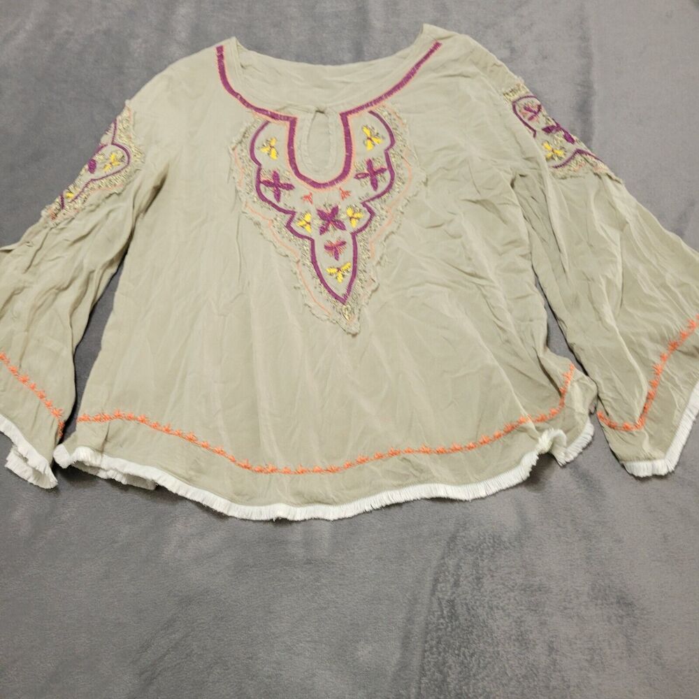 Love Stitch Blouse Women Medium Boho Embroidered Shirt Green Peasant Bell Sleeve